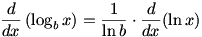 d/dx (log_b x)=(1/ln b) d/dx (ln x)
